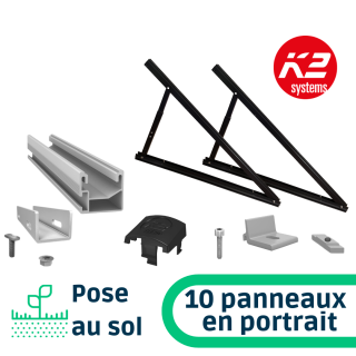 K2 Systems - Kit de fixation pose au sol inclinaison réglable - 10 panneaux en portrait