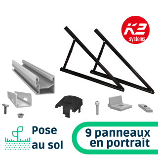K2 Systems - Kit de fixation pose au sol inclinaison réglable - 9 panneaux en portrait