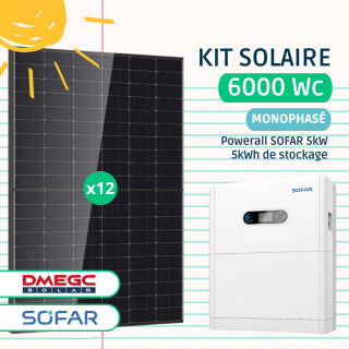 Kit Solaire 6000 Wc DMEGC, Powerall Sofar avec Batterie 5 kWh - Monophas&eacute;