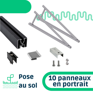 Kit de fixation pose au sol inclinaison réglable pour une rangée de 10 panneaux en portrait