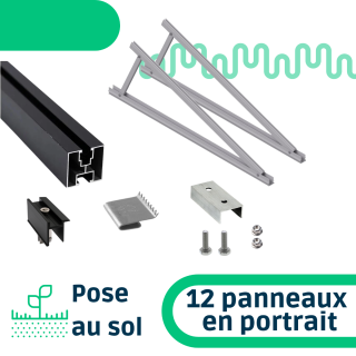 Kit de fixation pose au sol inclinaison réglable pour une rangée de 12 panneaux en portrait