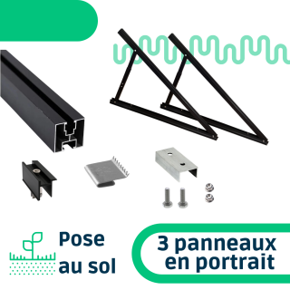 Kit de fixation pose au sol inclinaison réglable pour une rangée de 3 panneaux en portrait