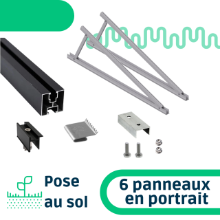Kit de fixation pose au sol inclinaison réglable pour une rangée de 6 panneaux en portrait