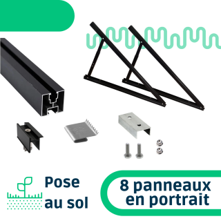 Kit de fixation pose au sol inclinaison réglable pour une rangée de 8 panneaux en portrait