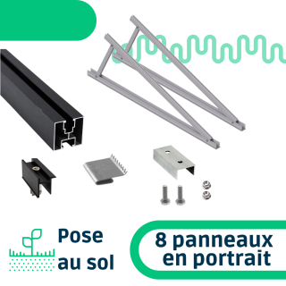 Kit de fixation pose au sol inclinaison réglable pour une rangée de 8 panneaux en portrait